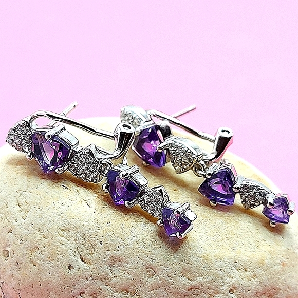 Natural Amethyst 6mm & CZ 14K White Gold Plate on 925 Sterling Silver Earrings - Picture 3 of 6